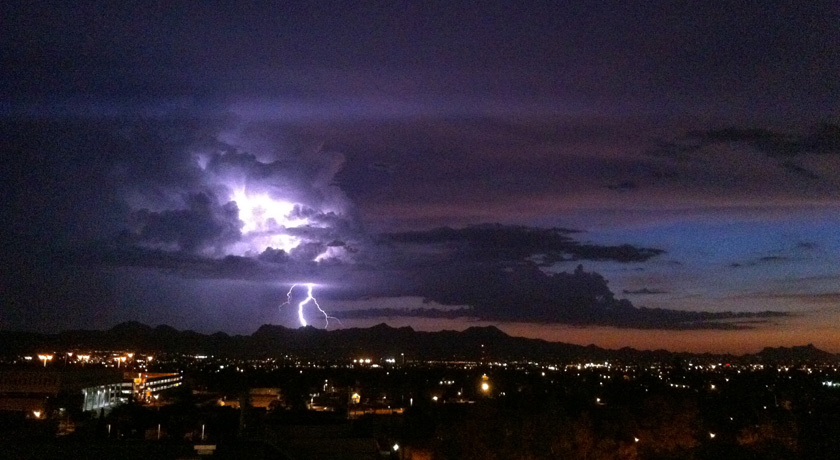In the American Southwest, precipitation during the summer monsoon season provides a significant portion of the annual precipitation. Here lightning strikes over Southern Arizona's Tucson mountains during a 2010 monsoon thunderstorm. Daniel Griffin/Unive In the American Southwest, precipitation during the summer monsoon season provides a significant portion of the annual precipitation. Here lightning strikes over Southern Arizona's Tucson mountains during a 2010 monsoon thunderstorm. Daniel Griffin/Unive