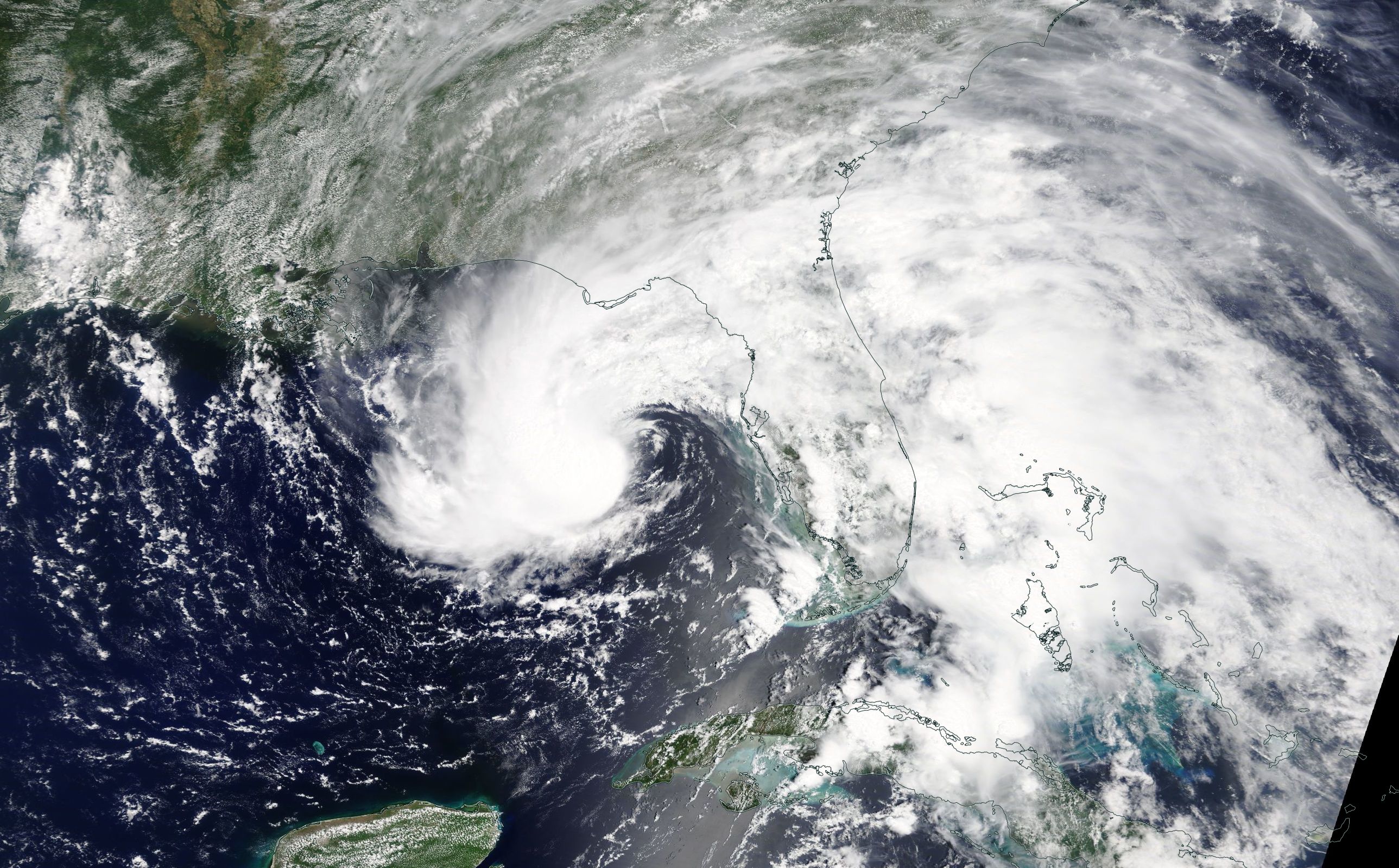 On May 27, NASA's Terra satellite captured an infrared image of subtropical storm Alberto's center of circulation hundreds of miles south of the Florida panhandle. A thick band of thunderstorms east of the center extended over the entire state of Florida. On May 27, NASA's Terra satellite captured an infrared image of subtropical storm Alberto's center of circulation hundreds of miles south of the Florida panhandle. A thick band of thunderstorms east of the center extended over the entire state of Florida.