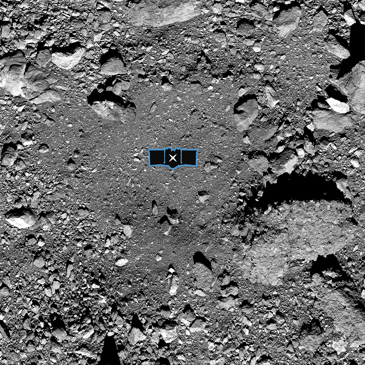This image shows sample site Nightingale, OSIRIS-REx’s primary sample collection site on asteroid Bennu. The image is overlaid with a graphic of the OSIRIS-REx spacecraft to illustrate the scale of the site. This image shows sample site Nightingale, OSIRIS-REx’s primary sample collection site on asteroid Bennu. The image is overlaid with a graphic of the OSIRIS-REx spacecraft to illustrate the scale of the site.