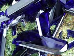 Azurite crystals. Photo courtesy of Downs laboratory, The University of Arizona. Azurite crystals. Photo courtesy of Downs laboratory, The University of Arizona.