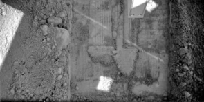This image was acquired by NASA's Phoenix Mars Lander's Robotic Arm Camera on the 35th Martian day of the mission, or Sol 34 (June 29, 2008). This image shows the trench informally called "Snow White 5." The trench is 4-to-5 centimeters (about 1.5-to-1.9 inches) deep, 24 centimeters (about 9 inches) wide and 33 centimeters (13 inches) long.
Snow White 5 is Phoenix's current active digging area after additional trenching, grooming, and scraping by Phoenix's Robotic Arm in the last few sols to trenches informally called Snow White 1, 2, 3, and 4. Near the top center of the image is the Robotic Arm's Thermal and Electrical Conductivity Probe.
Snow White 5 is located in a patch of Martian soil near the center of a polygonal surface feature, nicknamed "Cheshire Cat." The digging site has been named "Wonderland."
This image has been enhanced to brighten shaded areas. This image was acquired by NASA's Phoenix Mars Lander's Robotic Arm Camera on the 35th Martian day of the mission, or Sol 34 (June 29, 2008). This image shows the trench informally called "Snow White 5." The trench is 4-to-5 centimeters (about 1.5-to-1.9 inches) deep, 24 centimeters (about 9 inches) wide and 33 centimeters (13 inches) long.
Snow White 5 is Phoenix's current active digging area after additional trenching, grooming, and scraping by Phoenix's Robotic Arm in the last few sols to trenches informally called Snow White 1, 2, 3, and 4. Near the top center of the image is the Robotic Arm's Thermal and Electrical Conductivity Probe.
Snow White 5 is located in a patch of Martian soil near the center of a polygonal surface feature, nicknamed "Cheshire Cat." The digging site has been named "Wonderland."
This image has been enhanced to brighten shaded areas.