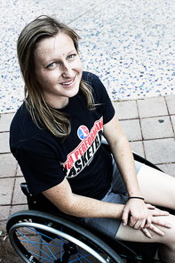 UA team member Courtney Ryan said: "Living with a spinal cord injury has been life changing, but I have learned so much about myself and my ability to adapt and achieve that I am constantly surprised. I am very grateful to the Disability Resource Center at the UA and coach Pete (Hughes) for believing in my potential and giving me the opportunity to establish a very special life here in Tucson." (Photo credit: Beatriz Verdugo/UANews) UA team member Courtney Ryan said: "Living with a spinal cord injury has been life changing, but I have learned so much about myself and my ability to adapt and achieve that I am constantly surprised. I am very grateful to the Disability Resource Center at the UA and coach Pete (Hughes) for believing in my potential and giving me the opportunity to establish a very special life here in Tucson." (Photo credit: Beatriz Verdugo/UANews)