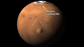 The Phoenix Mars Mission landed at 68.2 degrees north latitude, 234.2 degrees east longitude. The far-northern location of the site is indicated on this global view from the Mars Orbiter Camera on NASA's Mars Global Surveyor. The Phoenix Mars Mission landed at 68.2 degrees north latitude, 234.2 degrees east longitude. The far-northern location of the site is indicated on this global view from the Mars Orbiter Camera on NASA's Mars Global Surveyor.