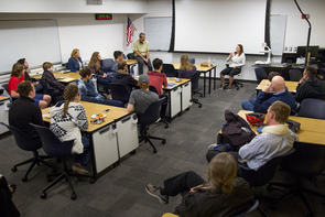 After her lecture, Jane Bambauer fields questions from science teachers and students in an informal gathering at the Social Sciences Building. (Photo: Bob Demers/UANews) After her lecture, Jane Bambauer fields questions from science teachers and students in an informal gathering at the Social Sciences Building. (Photo: Bob Demers/UANews)
