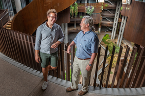 UA doctoral candidate Connor Nolan and U.S. Geological Survey researcher Stephen Jackson in the UA's ENR2 building. (Photo: Bob Demers/UA News) UA doctoral candidate Connor Nolan and U.S. Geological Survey researcher Stephen Jackson in the UA's ENR2 building. (Photo: Bob Demers/UA News)