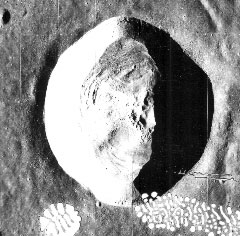 The moon's crater Dawes, about 10 miles in diameter, is left of center and just north of the equator on the face of the moon (NASA photo) The moon's crater Dawes, about 10 miles in diameter, is left of center and just north of the equator on the face of the moon (NASA photo)