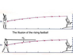 For years batters swore that some pitchers could throw a rising fastball. The laws of physics say this is impossible. Instead, it's an illusion caused when the pitcher throws a faster pitch than the batter has seen. In bottom figure b, the batter watches the ball for the first part of its flight and calculates its drop. Then he looks down at the bat and the ball appears to have jumped because it's higher than where his mental model predicted it would be, based on earlier, slower pitches as shown in the top illustration. (Graphic by Alison Habel) For years batters swore that some pitchers could throw a rising fastball. The laws of physics say this is impossible. Instead, it's an illusion caused when the pitcher throws a faster pitch than the batter has seen. In bottom figure b, the batter watches the ball for the first part of its flight and calculates its drop. Then he looks down at the bat and the ball appears to have jumped because it's higher than where his mental model predicted it would be, based on earlier, slower pitches as shown in the top illustration. (Graphic by Alison Habel)