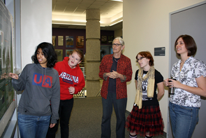 UBRP student Shemonti Hasan shares her work with (left to right) Elizabeth DeHaven, Carol Bender, Alex Ettling and Susan Hester. (Photo credit: Beatriz Verdugo/UANews) UBRP student Shemonti Hasan shares her work with (left to right) Elizabeth DeHaven, Carol Bender, Alex Ettling and Susan Hester. (Photo credit: Beatriz Verdugo/UANews)