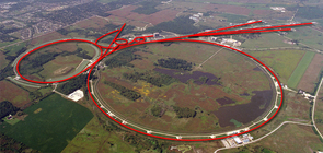 The Fermilab accelerator complex accelerates protons and antiprotons close to the speed of light. The Tevatron produces about ten million proton-antiproton collisions per second, maximizing the chance for discovery. Two experiments, CDF and DZero, search for new subatomic particles and forces unveiled by the collisions. (Click to enlarge) The Fermilab accelerator complex accelerates protons and antiprotons close to the speed of light. The Tevatron produces about ten million proton-antiproton collisions per second, maximizing the chance for discovery. Two experiments, CDF and DZero, search for new subatomic particles and forces unveiled by the collisions. (Click to enlarge)