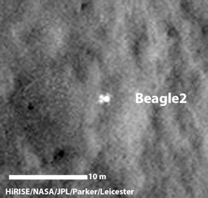 HiRISE image of the Beagle-2 landing site. Zoomed-in view of the landing site shows Beagle 2's petal-like solar panels.
