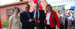 The Confluencenter for Creative Inquiry celebrated the opening of its new site, located at 1133 E. Helen St. Among the attendees were (left to right) UA Provost Jacqueline Mok, Confluencenter director Javier Durán, UA President Eugene G. Sander and Leslie Tolbert, the UA's senior vice president for research. Durán announced the grant recipients, graduate fellows and the launch of the Arizona Journal of Interdisciplinary Studies. The Confluencenter for Creative Inquiry celebrated the opening of its new site, located at 1133 E. Helen St. Among the attendees were (left to right) UA Provost Jacqueline Mok, Confluencenter director Javier Durán, UA President Eugene G. Sander and Leslie Tolbert, the UA's senior vice president for research. Durán announced the grant recipients, graduate fellows and the launch of the Arizona Journal of Interdisciplinary Studies.