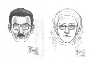 A Dec. 6, 1985, edition of the Arizona Daily Star included this sketch of the suspects. They were described as a woman in her mid-50s with shoulder-length reddish-blond hair, wearing tan bell-bottom slacks, a scarf on her head and a red coat, and a man with olive-colored skin, wearing a blue coat. Both had thick-framed glasses. A Dec. 6, 1985, edition of the Arizona Daily Star included this sketch of the suspects. They were described as a woman in her mid-50s with shoulder-length reddish-blond hair, wearing tan bell-bottom slacks, a scarf on her head and a red coat, and a man with olive-colored skin, wearing a blue coat. Both had thick-framed glasses.