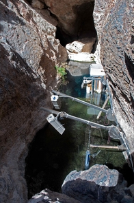 Video cameras pointed at the spawning shelf to record pupfish behavior caught the earthquake in the act. (Photo by Olin Feuerbacher) Video cameras Devils Hole