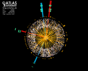 This visual representation shows a proton-proton collision that may have created a Higgs boson within the ATLAS detector. The bulls-eye in the center is the tube the proton beams shoot through. The red and blue lines shooting away from the proton beams represent 4 electrons created by the collision -- which is what physicists expect to see when a Higgs boson is created. (Photo courtesy of CERN) This visual representation shows a proton-proton collision that may have created a Higgs boson within the ATLAS detector. The bulls-eye in the center is the tube the proton beams shoot through. The red and blue lines shooting away from the proton beams represent 4 electrons created by the collision -- which is what physicists expect to see when a Higgs boson is created. (Photo courtesy of CERN)