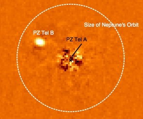 (Click to enlarge) The sun-like star, PZ Tel A and its brown dwarf companion, PZ Tel B. The vast majority of light from PZ Tel A has been removed from this image using specialized image analysis techniques. For size comparison, the size of Neptune's orbit is shown; PZ Tel B is one of few brown dwarfs imaged at a distance closer than 30 Astronomical Units from its parent star. It travels around its star at a closer distance than Uranus revolves around our Sun. (Image provided by Beth Biller and the Gemini NICI Planet-Finding Campaign) (Click to enlarge) The sun-like star, PZ Tel A and its brown dwarf companion, PZ Tel B. The vast majority of light from PZ Tel A has been removed from this image using specialized image analysis techniques. For size comparison, the size of Neptune's orbit is shown; PZ Tel B is one of few brown dwarfs imaged at a distance closer than 30 Astronomical Units from its parent star. It travels around its star at a closer distance than Uranus revolves around our Sun. (Image provided by Beth Biller and the Gemini NICI Planet-Finding Campaign)
