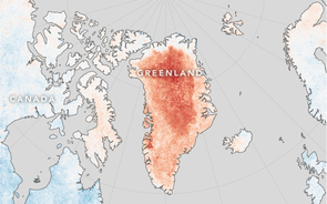 The redder the area on this map of Greenland, the more days that site was warmer in April 2016 than the average of April temperatures from 2001 to 2010. (Credit: Jesse Allen/NASA Earth Observatory)
The redder the area on this map of Greenland, the more days that site was warmer in April 2016 than the average of April temperatures from 2001 to 2010. (Credit: Jesse Allen/NASA Earth Observatory)