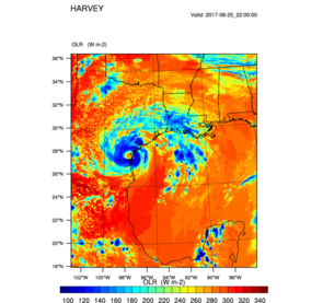 A computer model simulation of outgoing longwave radiation (OLR) for Hurricane Harvey at 5 p.m. CDT (22:00 Greenwich Mean Time) on Aug. 25. Lower values of OLR are shown in shades of blue and represent deep thunderstorm clouds. Higher values of OLR, shown in shades of red, represent clear skies. The computer model simulation was produced by Galarneau and Zeng at the UA using the Weather Research and Forecasting model. A computer model simulation of outgoing longwave radiation (OLR) for Hurricane Harvey at 5 p.m. CDT (22:00 Greenwich Mean Time) on Aug. 25. Lower values of OLR are shown in shades of blue and represent deep thunderstorm clouds. Higher values of OLR, shown in shades of red, represent clear skies. The computer model simulation was produced by Galarneau and Zeng at the UA using the Weather Research and Forecasting model.