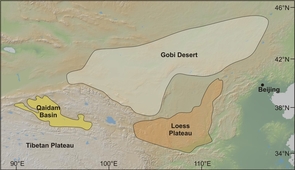 (Click image to enlarge) This map shows Central Asia's Qaidam Basin, Gobi Desert and Loess Plateau. A research team led by UA geoscientist Paul Kapp suggests that during glacial times, winds blew dust from the Qaidam Basin to the
Loess Plateau and deposited more than half of the dust currently in the Loess Plateau. During
interglacial times such as the present, the westerly winds shift north and blow
dust from the Gobi Desert to the Loess Plateau. (Credit: Paul Kapp, University of Arizona) (Click image to enlarge) This map shows Central Asia's Qaidam Basin, Gobi Desert and Loess Plateau. A research team led by UA geoscientist Paul Kapp suggests that during glacial times, winds blew dust from the Qaidam Basin to the
Loess Plateau and deposited more than half of the dust currently in the Loess Plateau. During
interglacial times such as the present, the westerly winds shift north and blow
dust from the Gobi Desert to the Loess Plateau. (Credit: Paul Kapp, University of Arizona)