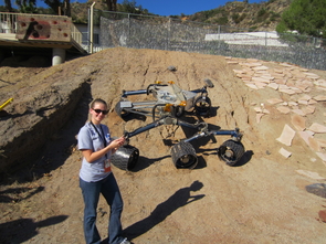 During one of her stints at NASA's Jet Propulsion Laboratory, Shaunna Morrison got to play with the "scarecrow," a replica of the Curiosity rover. The scarecrow lacks the instrumentation of Curiosity, but features identical wheels and base, and is exactly weighted and calibrated so it behaves as it would on Mars. "We can control it with a smartphone, and it was pretty neat to tell it to spin its wheels this way and move backwards and things like that." (Photo: Thomas Bristow/NASA) During one of her stints at NASA's Jet Propulsion Laboratory, Shaunna Morrison got to play with the "scarecrow," a replica of the Curiosity rover. The scarecrow lacks the instrumentation of Curiosity, but features identical wheels and base, and is exactly weighted and calibrated so it behaves as it would on Mars. "We can control it with a smartphone, and it was pretty neat to tell it to spin its wheels this way and move backwards and things like that." (Photo: Thomas Bristow/NASA)