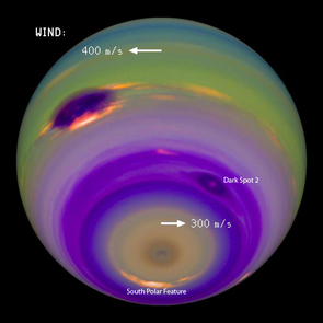 (Click image to enlarge) In this image, the colors and contrasts were modified to emphasize the planet’s atmospheric features. The winds in Neptune’s atmosphere can reach the speed of sound or more. Neptune’s Great Dark Spot stands out as the most prominent feature on the left. Several features, including the fainter Dark Spot 2 and the South Polar Feature, are locked to the planet’s rotation, which allowed Karkoschka to precisely determine how long a day lasts on Neptune. (Image: Erich Karkoschka) (Click image to enlarge) In this image, the colors and contrasts were modified to emphasize the planet’s atmospheric features. The winds in Neptune’s atmosphere can reach the speed of sound or more. Neptune’s Great Dark Spot stands out as the most prominent feature on the left. Several features, including the fainter Dark Spot 2 and the South Polar Feature, are locked to the planet’s rotation, which allowed Karkoschka to precisely determine how long a day lasts on Neptune. (Image: Erich Karkoschka)