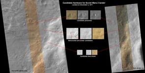 This set of images from the HiRISE camera shows what might be hardware from the Soviet Union's 1971 Mars 3 lander, found by an Internet group of Russian citizen enthusiasts. See text for a link to a larger version of this image. (Image: NASA/JPL-Caltech/UA) This set of images from the High Resolution Imaging Science Experiment (HiRISE) camera shows what might be hardware from the Soviet Union's 1971 Mars 3 lander, found by an Internet group of Russian citizen enthusiasts. See text for a link to a larger version of this image. (Image: NASA/JPL-Caltech/UA)