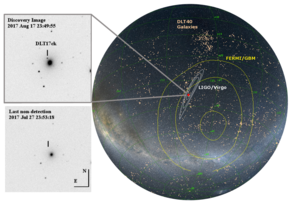 This discovery image of the neutron star merger shows what appears like "a star that wasn't there before" in the outskirts of a galaxy called NGC 4993, located in the constellation Hydra, about 130 million light-years from Earth. The illustration shows the regions where the Fermi space telescope detected the gamma-ray burst, the area pinpointed by the LIGO-Virgo gravity wave detectors and the galaxies monitored routinely by David Sand's DLT40 survey. (Credit: LIGO-Virgo) This discovery image of the neutron star merger shows what appears like "a star that wasn't there before" in the outskirts of a galaxy called NGC 4993, located in the constellation Hydra, about 130 million light-years from Earth. The illustration shows the regions where the Fermi space telescope detected the gamma-ray burst, the area pinpointed by the LIGO-Virgo gravity wave detectors and the galaxies monitored routinely by David Sand's DLT40 survey. (Credit: LIGO-Virgo)