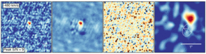 To correct for the effects of gravitational lensing in these galaxies, the ALMA data (left panel) is compared to a lensing-distorted model image (second panel from left). The difference is shown in the third panel from the left. The structure of the galaxy, after removing the lensing effect, is shown at right. This image loops through the different velocity ranges within the galaxy, which appear at different frequencies to ALMA due to the Doppler effect. (Credit: ALMA (ESO/NAOJ/NRAO); D. Marrone et al.) To correct for the effects of gravitational lensing in these galaxies, the ALMA data (left panel) is compared to a lensing-distorted model image (second panel from left). The difference is shown in the third panel from the left. The structure of the galaxy, after removing the lensing effect, is shown at right. This image loops through the different velocity ranges within the galaxy, which appear at different frequencies to ALMA due to the Doppler effect. (Credit: ALMA (ESO/NAOJ/NRAO); D. Marrone et al.)
