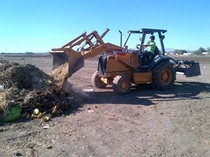 Scott Appleby, UA undergraduate majoring in mechanical engineering and mathematics, powers up a skiploader to move food waste at the San Xavier Co-op Farm. (Photo: Braelyn Jane Smith)