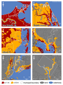 (Click to enlarge) This map shows where increases in sea level could affect New Orleans, Virginia Beach, Va., Miami, Tampa, Fla., New York and Washington, D.C. The colors indicate areas along the coast that are elevations of 1 meter or less (russet) or 6 meters or less (yellow) and have connectivity to
the sea. (Credit: Jeremy Weiss, University of Arizona) (Click to enlarge) This map shows where increases in sea level could affect New Orleans, Virginia Beach, Va., Miami, Tampa, Fla., New York and Washington, D.C. The colors indicate areas along the coast that are elevations of 1 meter or less (russet) or 6 meters or less (yellow) and have connectivity to
the sea. (Credit: Jeremy Weiss, University of Arizona)
