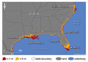 (Click to enlarge) This map shows where increases in sea level could affect the southern and Gulf coasts of the U.S. The colors indicate areas along the coast that are elevations of 1 meter or less (russet) or 6 meters or less (yellow) and have connectivity to the sea.
(Credit: Jeremy Weiss, University of Arizona) (Click to enlarge) This map shows where increases in sea level could affect the southern and Gulf coasts of the U.S. The colors indicate areas along the coast that are elevations of 1 meter or less (russet) or 6 meters or less (yellow) and have connectivity to the sea.
(Credit: Jeremy Weiss, University of Arizona)