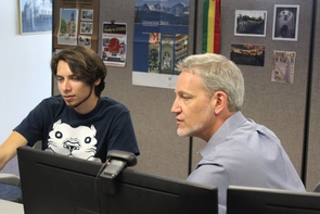 Ash Black (right) helps Tech.Global developer Alan Salguero with some coding. Salguero is working at Tech.Global this summer while visiting from the Instituto Tecnológico de Sonora in Mexico. Ash Black (right) helps Tech.Global developer Alan Salguero with some coding. Salguero is working at Tech.Global this summer while visiting from the Instituto Tecnológico de Sonora in Mexico.