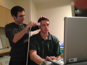 Jay Sanguinetti, a doctoral candidate the UA's department of psychology, administers brain ultrasound during a clinical trial. (Image courtesy of Jay Sanguinettii) Jay Sanguinetti, a doctoral candidate the UA's department of psychology, administers brain ultrasound during a clinical trial. (Image courtesy of Jay Sanguinettii)