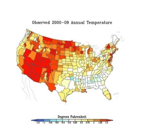 Map of the observed difference between the average annual U.S. temperatures (degrees F) for this century (2000 to 2009) and those of the last century
(1900 to 1999). It is clear that the U.S. has been much warmer in this century than the last, particularly in the West, and even more so in the Southwest and headwaters of the Colorado River. (Source: NOAA; Click to enlarge) Map of the observed difference between the average annual U.S. temperatures (degrees F) for this century (2000 to 2009) and those of the last century
(1900 to 1999). It is clear that the U.S. has been much warmer in this century than the last, particularly in the West, and even more so in the Southwest and headwaters of the Colorado River. (Source: NOAA; Click to enlarge)
