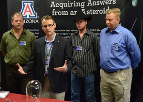OSIRIS-REx Principal Investigator Dante Lauretta with meteorite hunters Greg Hupe (left), Robert Ward and Michael Farmer during the donation event at UA's Michael J. Drake Building. (Photo: Patrick McArdle/UANews) OSIRIS-REx Principal Investigator Dante Lauretta with meteorite hunters Greg Hupe (left), Robert Ward and Michael Farmer during the donation event at UA's Michael J. Drake Building. (Photo: Patrick McArdle/UANews)