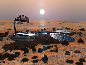 Upon landing, Beagle 2 was designed to unfold like a pocket watch into its main components, a petal-like array of solar panels and a robotic arm bristling with scientific instruments. (Artist's impression: Beagle2.com) Upon landing, Beagle 2 was designed to unfold like a pocket watch into its main components, a petal-like array of solar panels and a robotic arm bristling with scientific instruments. (Artist's impression: Beagle2.com)