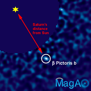 An image of the exoplanet Beta Pictoris b taken with the Magellan Adaptive Optics VisAO camera. This image was made using a CCD camera, which is essentially the same technology as a digital camera. The planet is nearly 100,000 times fainter than its star, and orbits its star at roughly the same distance as Saturn from our Sun. (Image: Jared Males/UA)