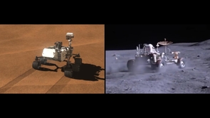 Left: Fifth years of extraterrestrial off-roading: "Curiosity" leaves tracks on Mars. Right: An Apollo rover kicks up dust. (Image: NASA) Left: Fifth years of extraterrestrial off-roading: "Curiosity" leaves tracks on Mars. Right: An Apollo rover kicks up dust. (Image: NASA)