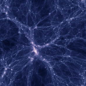 In this simulation of the distribution of dark matter in the universe, El Gato calculated the whereabouts of more than one billion dark matter particles into an image spanning 280 million light years from side to side. A cosmic web of dark matter filaments connects galaxies, represented by dots of varying brightness and color. Bright areas represent a high density of dark matter particles along the line of sight, and purple galaxies are more massive than blue ones. (Image: Brant Robertson)