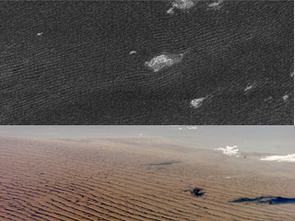 Cassini radar sees sand dunes on Saturn's giant moon Titan (upper photo) that are sculpted like Namibian sand dunes on Earth (lower photo). The bright features in the upper radar photo are not clouds but topographic features among the dunes. (Photo: NASA/JPL - upper photo; NASA - lower photo) UA's Peter Smith and team used the Hubble Space Telescope to get the first images of Titan's surface (above) in October 1994. (Photo: NASA)
