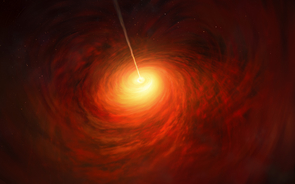 This artist’s impression depicts the black hole at the heart of the enormous elliptical galaxy Messier 87 (M87). This black hole was chosen as the object of paradigm-shifting observations by the Event Horizon Telescope. The superheated material surrounding the black hole is shown, as is the relativistic jet launched by M87’s black hole. (Credit: ESO/M. Kornmesser) This artist’s impression depicts the black hole at the heart of the enormous elliptical galaxy Messier 87 (M87). This black hole was chosen as the object of paradigm-shifting observations by the Event Horizon Telescope. The superheated material surrounding the black hole is shown, as is the relativistic jet launched by M87’s black hole. (Credit: ESO/M. Kornmesser)