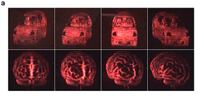 Views of an automobile (top) and of a human brain (bottom) from the updatable 3-D holographic display developed at The University of Arizona College of Optical Sciences in collaboration with Nitto Denko Technical Corp., Oceanside, Calif. The 3-D images were recorded on a 4-inch by 4-inch photorefractive polymer device. (University of Arizona College of Optical Sciences/Nitto Denko Technical Corp.) (Click to enlarge.) Views of an automobile (top) and of a human brain (bottom) from the updatable 3-D holographic display developed at The University of Arizona College of Optical Sciences in collaboration with Nitto Denko Technical Corp., Oceanside, Calif. The 3-D images were recorded on a 4-inch by 4-inch photorefractive polymer device. (University of Arizona College of Optical Sciences/Nitto Denko Technical Corp.) (Click to enlarge.)