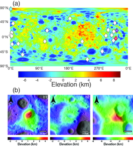A topographic map of Ceres (top), with the dark red representing the highest elevations and dark blue being the lowest. The topography of Ahuna Mons is shown on the bottom left, and Yamor Mons is shown on the bottom right. The bottom center image shows the topography of an ancient cryvolocano located North of Ceres's equator. (Image: Michael Sori) A topographic map of Ceres (top), with the dark red representing the highest elevations and dark blue being the lowest. The topography of Ahuna Mons is shown on the bottom left, and Yamor Mons is shown on the bottom right. The bottom center image shows the topography of an ancient cryvolocano located North of Ceres's equator. (Image: Michael Sori)