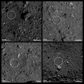 The final four candidate sample collection sites on asteroid Bennu are designated Nightingale, Kingfisher, Osprey and Sandpiper. Each circle has a 16.4 ft (5 m) radius. Credit: NASA/Goddard/University of Arizona The final four candidate sample collection sites on asteroid Bennu are designated Nightingale, Kingfisher, Osprey and Sandpiper. Each circle has a 16.4 ft (5 m) radius. Credit: NASA/Goddard/University of Arizona