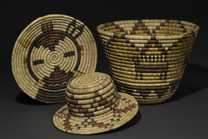 Coiled baskets from Second Mesa, made from yucca and galleta grass. From left: Hiilili katsina plaque, ca. 1975; Novelty hat, ca. 1920; Bowl with antelope and cloud design, ca. 1945. (Photo courtesy of Arizona State Museum) Coiled baskets from Second Mesa, made from yucca and galleta grass. From left: Hiilili katsina plaque, ca. 1975; Novelty hat, ca. 1920; Bowl with antelope and cloud design, ca. 1945. (Photo courtesy of Arizona State Museum)
