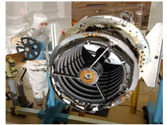 HiRISE's 20-inch primary mirror is made of Zerodur (R), a type of glass with low thermal expansion. The instrument uses a lightweight, graphite composite structure to support a total of five mirrors in the camera. HiRISE will be able to detect objects as small as 2 feet in diameter on the surface of Mars, including Mars Rovers, Spirit and Opportunity. (Photo: Courtesy of Ball Aerospace) HiRISE's 20-inch primary mirror is made of Zerodur (R), a type of glass with low thermal expansion. The instrument uses a lightweight, graphite composite structure to support a total of five mirrors in the camera. HiRISE will be able to detect objects as small as 2 feet in diameter on the surface of Mars, including Mars Rovers, Spirit and Opportunity. (Photo: Courtesy of Ball Aerospace)