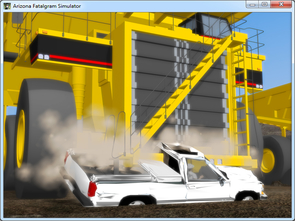 At a surface mine in Ray, Ariz., a haul truck several stories tall ran over a pickup truck, killing one of its occupants and badly injuring the other. The inability of the driver of the haul truck to see the pickup parked in front of it is one of the major safety issues John R. M. "Ros" Hill and Leonard Brown aim to make miners aware of through interactive simulations that allow viewers to see the situation from first- and third-person perspectives. (Image courtesy of Leonard Brown) At a surface mine in Ray, Ariz., a haul truck several stories tall ran over a pickup truck, killing one of its occupants and badly injuring the other. The inability of the driver of the haul truck to see the pickup parked in front of it is one of the major safety issues John R. M. "Ros" Hill and Leonard Brown aim to make miners aware of through interactive simulations that allow viewers to see the situation from first- and third-person perspectives. (Image courtesy of Leonard Brown)