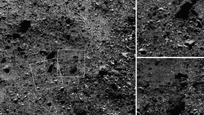 A humpback whale-sized boulder sticks out from Bennu's surface in a close-up image of the asteroid's northern hemisphere (upper right). The one below shows a “pond” of loose material, or regolith, that is mostly devoid of large rocks. The spacecraft used its MapCam instrument to capture the wide-angle image of a 590-foot (180-meter) wide area with many rocks, including some large boulders, and PolyCam to snap the close-up frames, which are 101 feet (31 meters) across. (Images: NASA/Goddard/University of Arizona) The spacecraft used its MapCam instrument to capture the wide-angle image of a 590-foot (180-meter) wide area with many rocks, including some large boulders, and PolyCam to snap the close-up frames, which are 101 feet (31 meters) across. (Images: NASA/Goddard/University of Arizona)