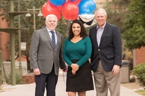 Leah Crowder with UA Honor's College Dean Terry Hunt (left) and UA President Robert C. Robbins. (Photo: Chris Richards/UA Alumni Association) Leah Crowder with UA Honor's College Dean Terry Hunt (left) and UA President Robert C. Robbins. (Photo: Chris Richards/UA Alumni Association)