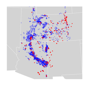 A map shows the locations were tree-ring samples taken in Utah, Colorado, Arizona and New Mexico. U.S. Forest Service Forest Inventory and Analysis program sites are blue. Sites included in the International Tree-Ring Data Bank are red. (Image: Stefan Klesse, Swiss Federal Research Institute WSL) A map shows the locations were tree-ring samples taken in Utah, Colorado, Arizona and New Mexico. U.S. Forest Service Forest Inventory and Analysis program sites are blue. Sites included in the International Tree-Ring Data Bank are red. (Image: Stefan Klesse, Swiss Federal Research Institute WSL)