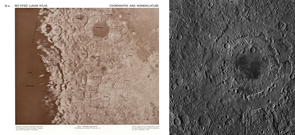 Left: A page from the Rectified Lunar Atlas, showing the edge of the Mare Orientale impact crater, discovered by William Hartmann during his time as a graduate student at the University of Arizona. (Photo: UA Lunar and Planetary Laboratory) Right: The Orientale basin, as imaged by the Lunar Reconnaissance Orbiter in 2010. (Image: NASA/GSFC/University of Arizona) Left: A page from the Rectified Lunar Atlas, showing the edge of the Mare Orientale impact crater, discovered by William Hartmann during his time as a graduate student at the University of Arizona. (Photo: UA Lunar and Planetary Laboratory) Right: The Orientale basin, as imaged by the Lunar Reconnaissance Orbiter in 2010. (Image: NASA/GSFC/University of Arizona)